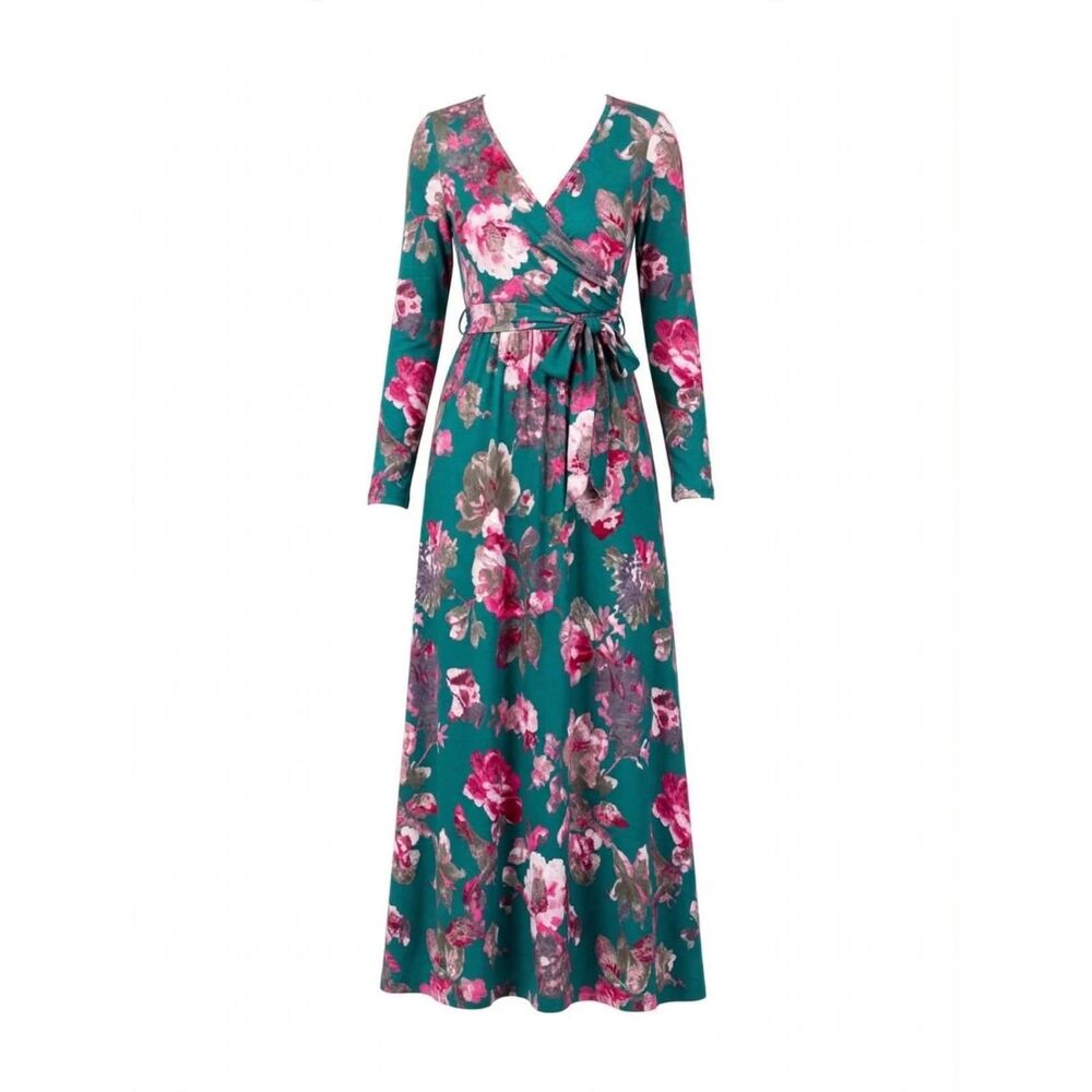 Emerald Teal Floral Wrap Maxi Dress with Pink Blooms M
